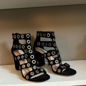 Prada Rivet Black Suede Heels with Silver Grommets